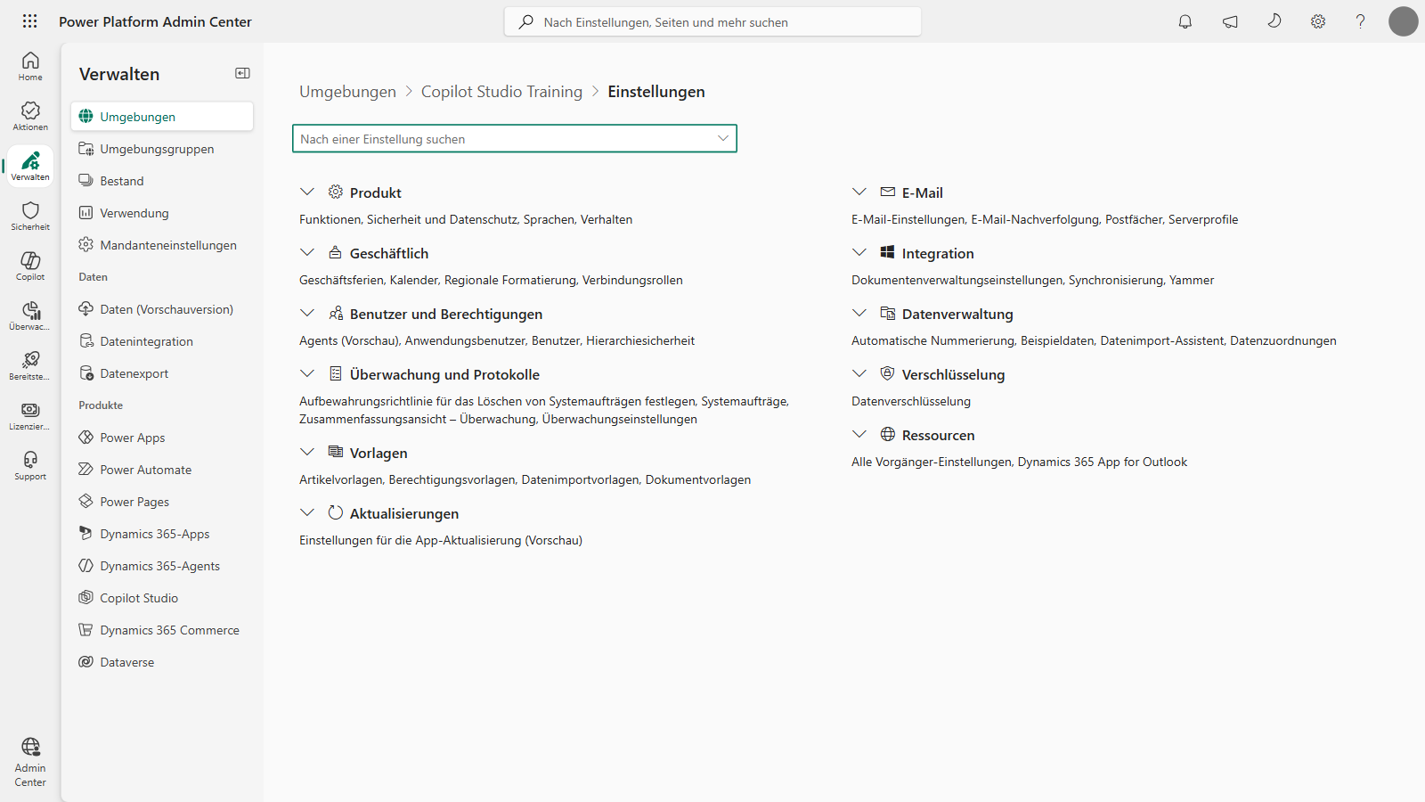 Power Platform Admin Center: Einstellungen einer Umgebung, Gruppe Produkt mit dem Eintrag Funktionen