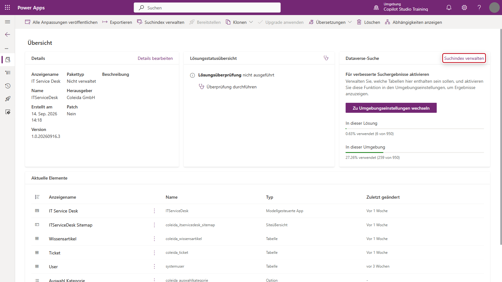 Übersicht der Lösung IT Service Desk mit der Kachel Dataverse-Suche und dem Link Suchindex verwalten