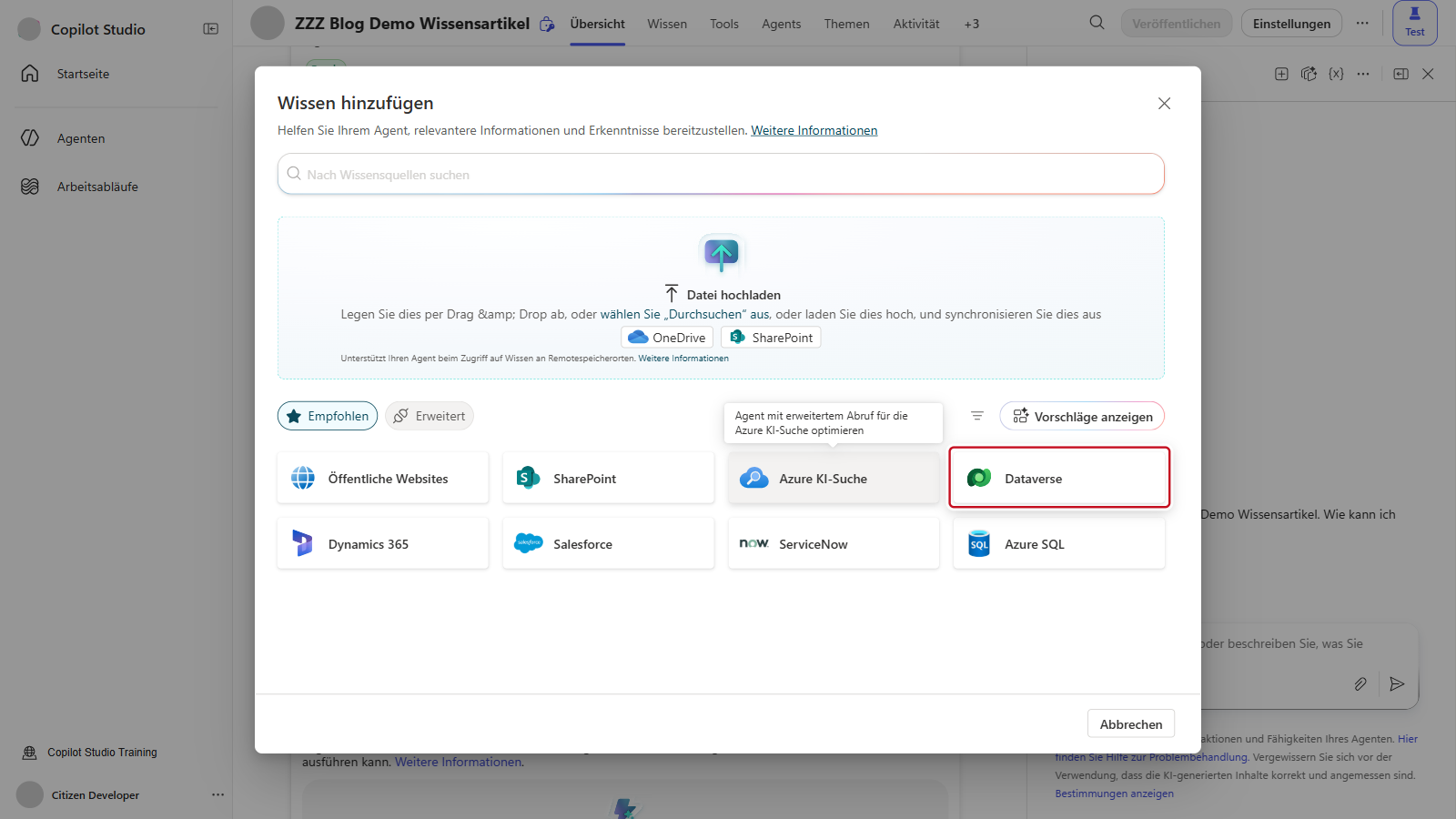 Dialog Wissen hinzufügen mit den Quellen, die Kachel Dataverse ist hervorgehoben