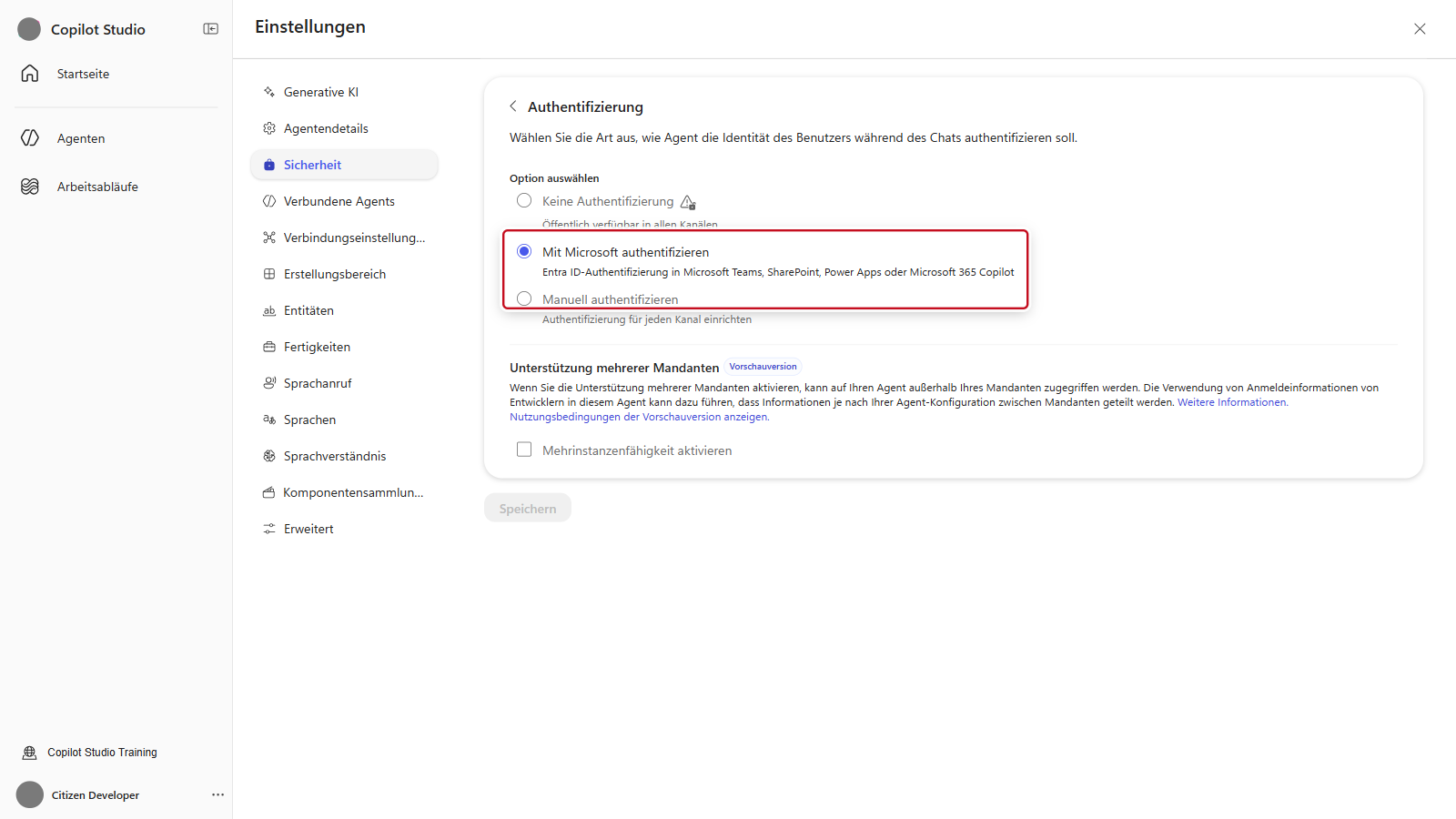 Authentifizierungseinstellungen des Agenten, Option Mit Microsoft authentifizieren ist ausgewählt