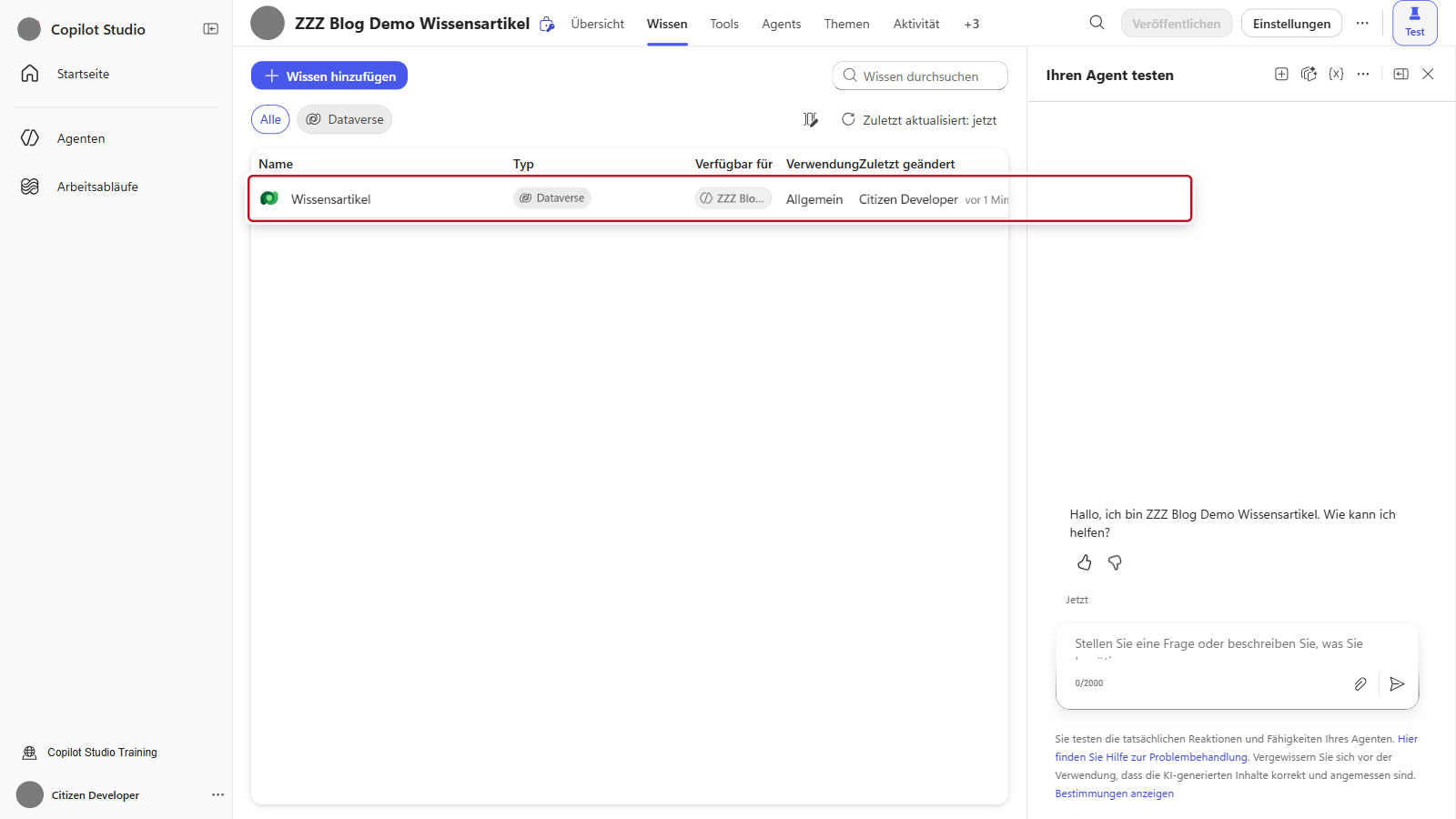 Seite Wissen des Agenten mit der Dataverse-Wissensquelle Wissensartikel im Status Bereit
