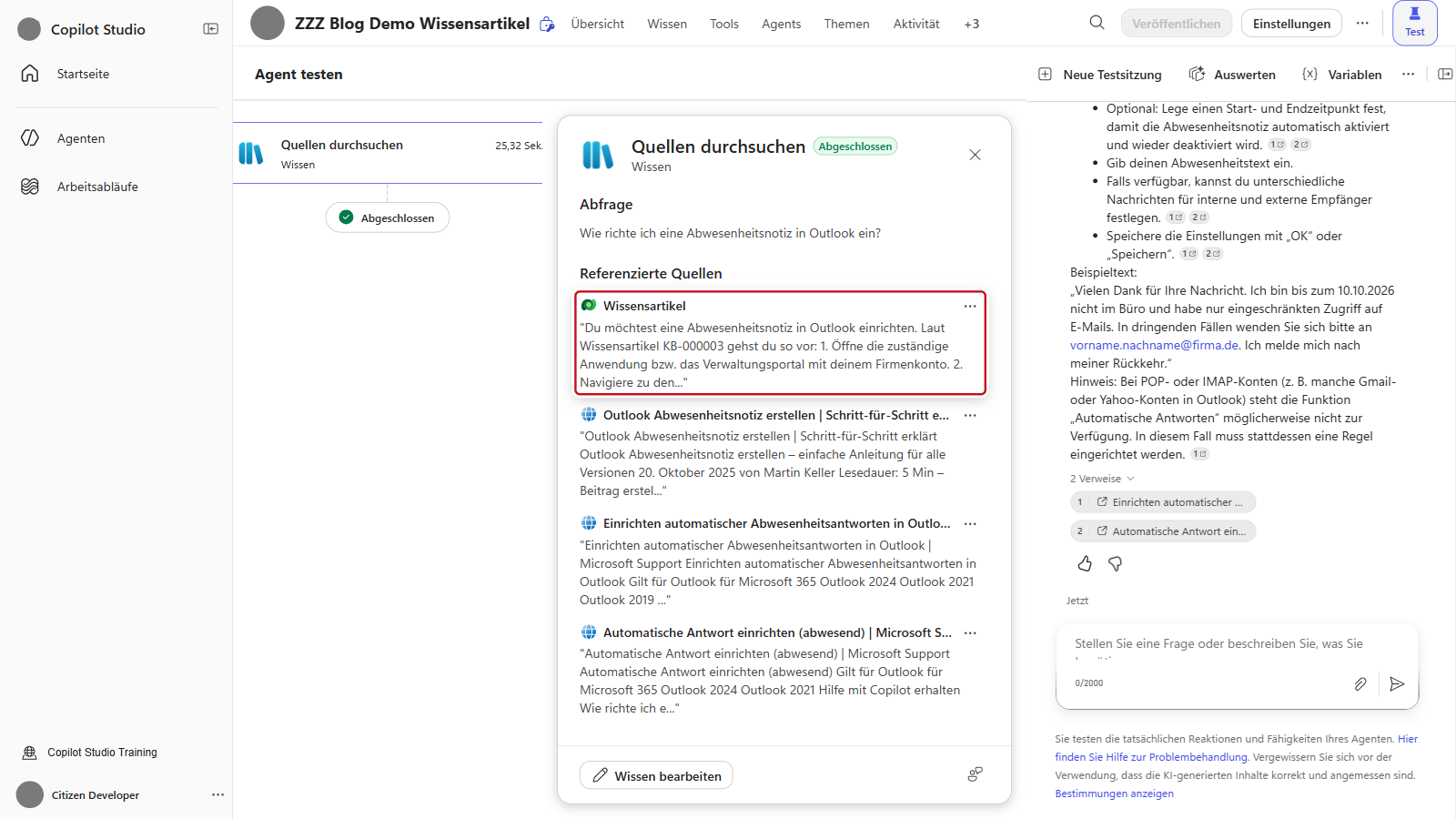 Aktivitätsbereich des Tests mit der Abfrage zur Abwesenheitsnotiz und dem referenzierten Wissensartikel KB-000003