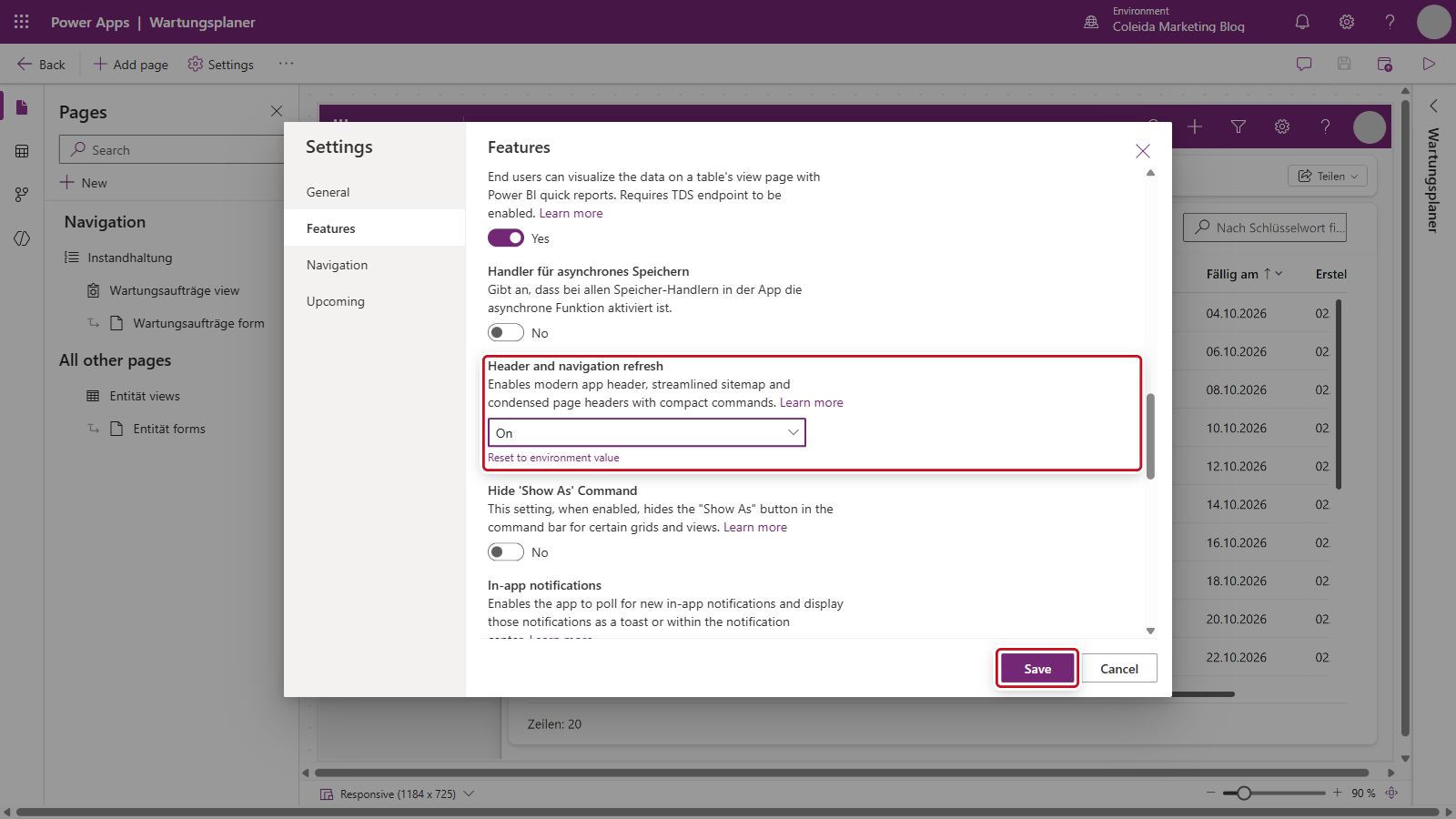 Header and navigation refresh steht auf On, die Schaltfläche Save ist hervorgehoben