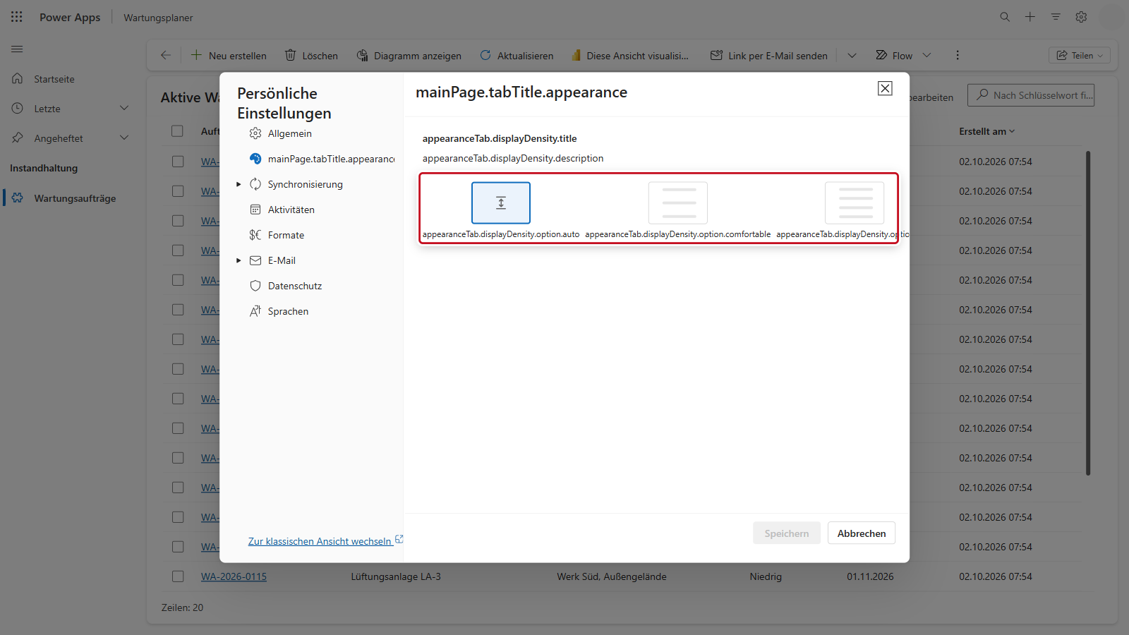 Dialog Persönliche Einstellungen, Registerkarte mainPage.tabTitle.appearance mit den Dichte-Optionen als Ressourcenschlüssel